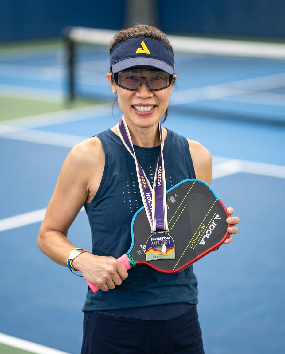 PickleHub pro Mai Huynh holding her paddle and 2024 PPA Gold Medal